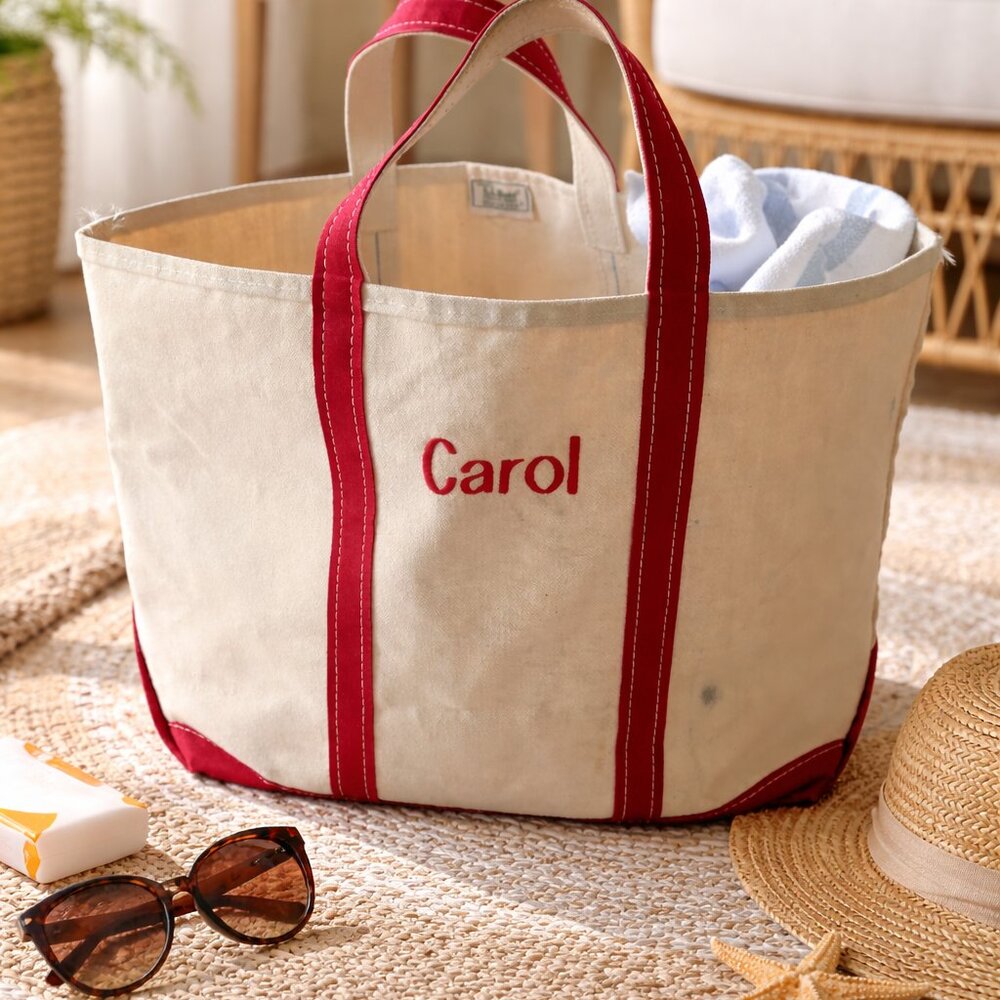 Vintage L.L. Bean Boat & Tote XL Red Canvas Monogram Coastal Nautical Resort